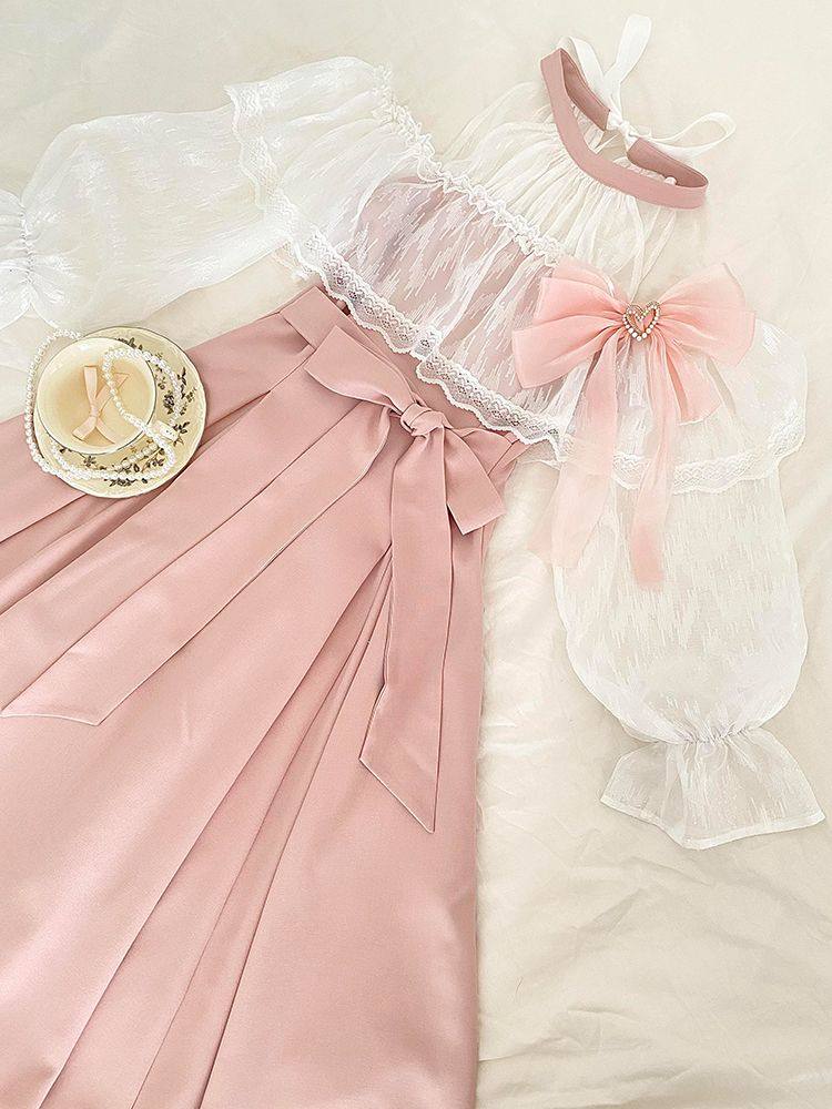 Gaun Maxi Renda Pink Bergaya L - Japanese Tea ulasan dan harga